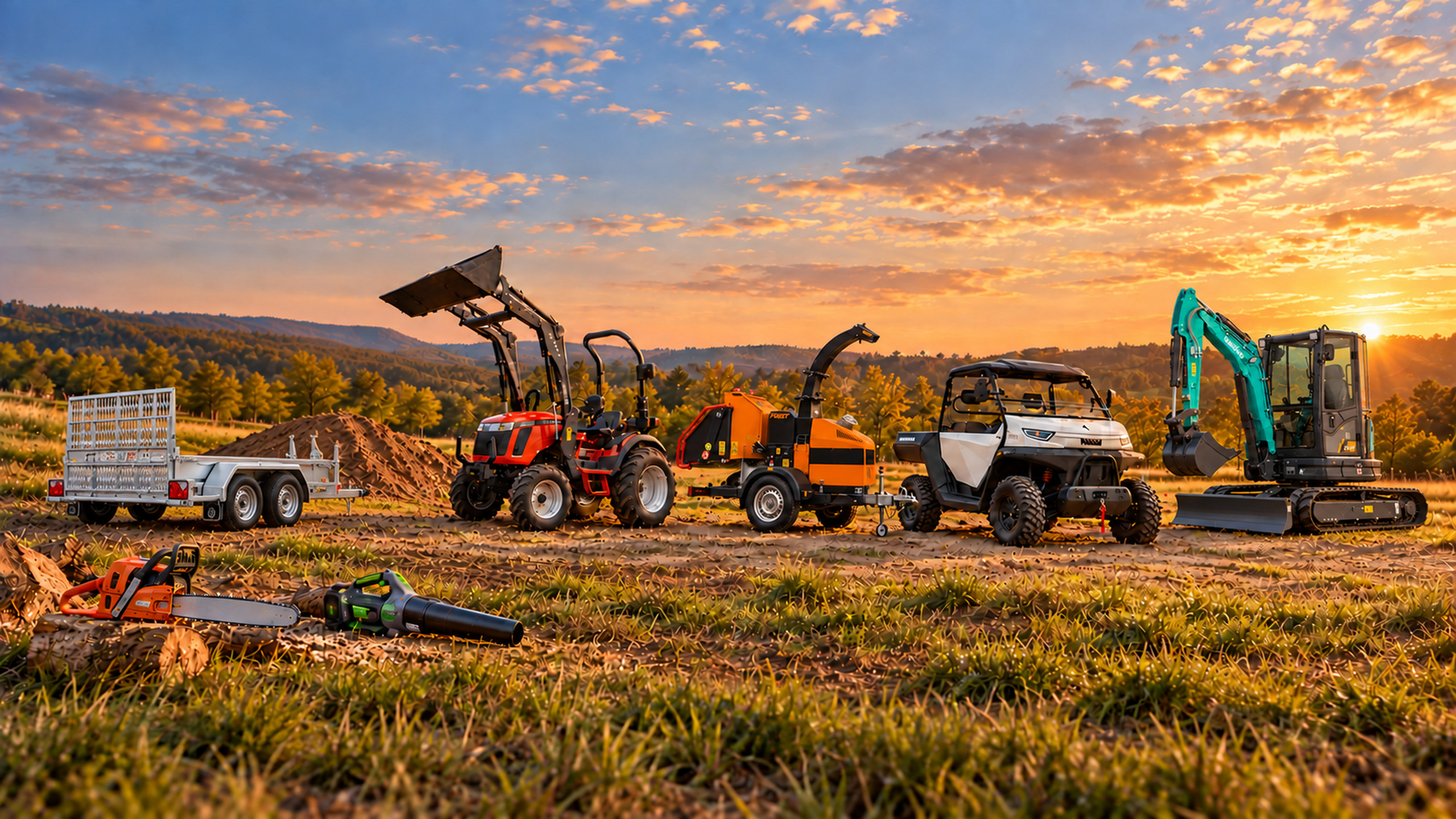 Hapert Maschinentransporter, TAFE Traktor, Först Häcksler, KANDI UTV und Sunward SWE25UF mit Motorgeräten